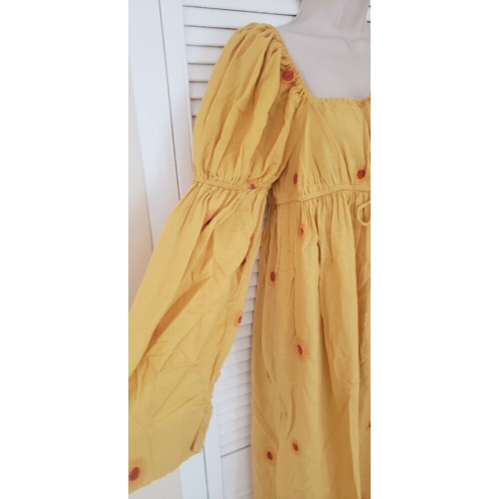 NEW FREE PEOPLE EMORY YELLOW FLOWER EMBROIDERED LONG SLEEVE MIDI DRESS SZ SMALL - Picture 8 of 12